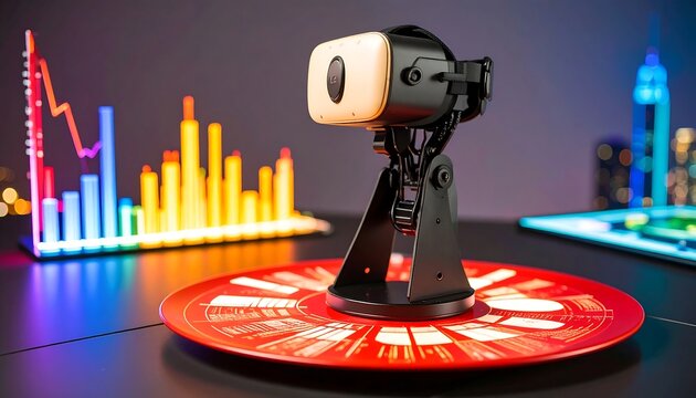 VR headset on a rotating stand with colorful charts