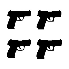 Set of four black pistol silhouettes, showcasing various modern handgun icon shapes isolated on a white background.