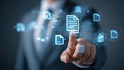 Man interacts with digital document icons, showcasing efficient document management