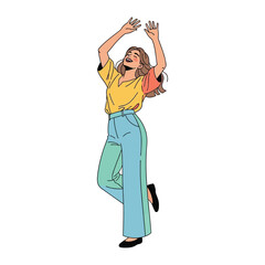 Joyful Celebration: An illustration of a woman embodies the essence of sheer delight, dancing and celebrating against a backdrop of artistic creativity.