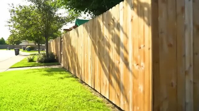 Wooden fence enclosing a yard with green grass, sunlight casting shadows, and a peaceful neighborhood