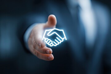 Hand extending glowing handshake icon, symbolizing partnership and agreement