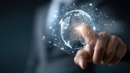 Person interacts with a digital globe, showcasing global connectivity and data visualization (1)