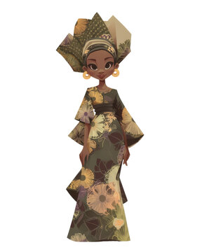 Nigerian girl in buba and wrapper with matching gele headwrap, earth-tone palette, flat cartoon on white