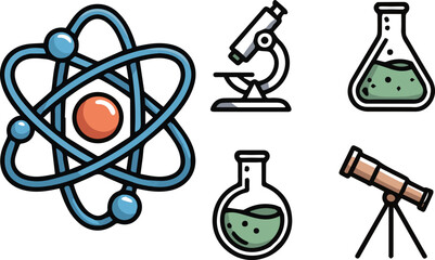 Isolated a Education and science glyph icon set. Vector pictograms of atom, microscope, test tube, flask, telescope, dna, laptop, checklist, clipboard, black sign silhouette vector art.