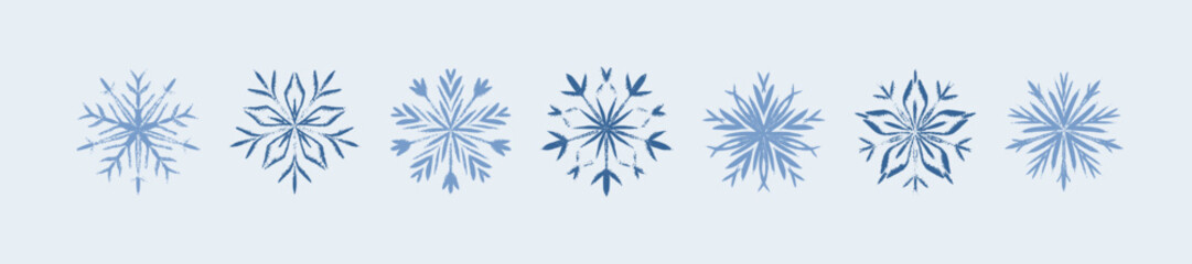 Obraz premium Set of snow flake vector icons. Frozen winter ice crystal. Snowflake hand drawn crayon border. Childish pastel drawing. Pencil handwriting scribbles. Merry Christmas and Happy New Year