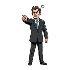 Obraz premium Angry Business Figure: Depicting a determined and aggressive business individual, an angry businessperson points assertively forward, embodying leadership, direction.