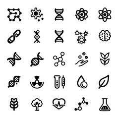 Collection of science and technology icons representing biology, chemistry, and medicine