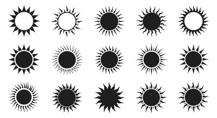 Collection of various sun and starburst shapes in black and white