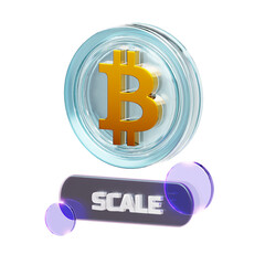 3D render of a transparent cryptocurrency coin with a golden Bitcoin symbol floating above a dark 'SCALE' button, surrounded by purple spheres.