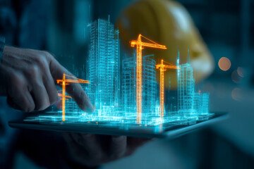 Construction blueprint on tablet: Man manages building project, showcasing digital design and development.