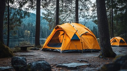 Camping scene by forest lake with orange tents in natural environment, suitable for outdoor adventure, camping gear display, nature travel - themed design materials