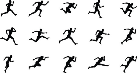 Naklejka premium Silhouettes of athletic runners in motion, dynamic sprinting poses, vector illustration for fitness, sports design, and movement concepts