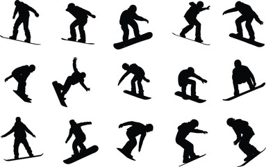 Silhouettes of snowboarders in action, extreme winter sports, snowboarding tricks and jumps, black and white vector for alpine adventure design