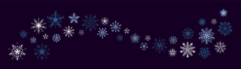 Merry Christmas and Happy New Year festive background win hand drawn crayon blue, shite and silver sow flakes on dark night evening background. Fancy snowflake swirl border. Snowfall whimsical wave