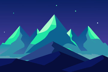 Vector illustration of majestic snowy mountains bathed in ethereal aurora borealis shimmer