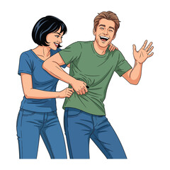 Ticklish Moments: An illustration that captures a tender and lighthearted moment, of a woman teasing a laughing man, evokes a feeling of intimacy and fun.