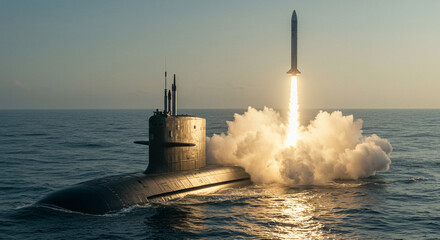 A submarine emerges from the ocean's depths, launching a missile into the sky, creating a dramatic display of power and military technology, with water and vapor effects.