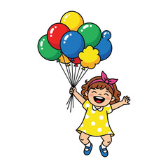 Joyful Girl with Balloons: A cheerful little girl, brimming with happiness, gleefully lifts a vibrant array of colorful balloons high above her head, embodying the essence of pure delight.