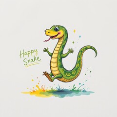 Naklejka premium a playful snake jumping rope, drawn in a playful watercolor splash style on a clean white backdrop.