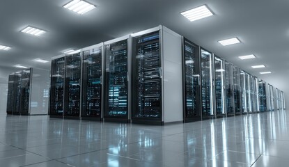 Rows of sleek server racks illuminate a modern data center