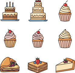 Isolated a Cake line icon set. Vector pictograms of birthday cakes, wedding, cupcakes, pastry dessert, cheesecake vector art color with white background.