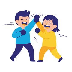 Joyful Spar: In a delightful illustration, two young individuals engage in a playful sparring match, their expressions radiating pure happiness and energy in a vector-style artwork.