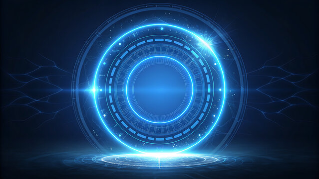 “Futuristic Blue Digital Portal – Sci-Fi Interface with Glowing Rings and Tech Base”