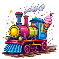 a sparkling train eating an ice cream, in a cheerful kids illustration style with splashy colors on white background.