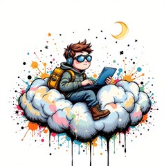 a adventurous journalist sleeping on a cloud, rendered in a colorful comic style with ink splatter on white background.