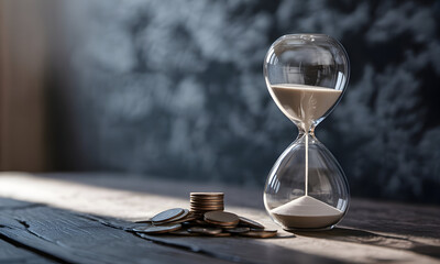 Hourglass with Pouring Sand and Coins on Wooden Table - Time and Finance Concept, Investment, Saving, and Deadline