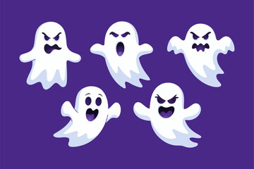 Cute ghosts on purple, six smiling spirits, playful Halloween mood, vector illustration, kids design