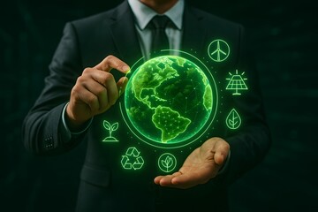 Businessman presenting a glowing green Earth model, surrounded by eco-friendly symbols, highlighting sustainable practices.