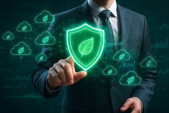 Businessperson interacting with a digital green leaf shield, surrounded by cloud icons, symbolizing environmental protection and digital security.