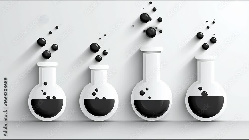 Poster experiment with black and white laboratory flasks showcasing unique bubble formations