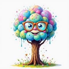a quirky cotton candy tree wearing oversized glasses, in a cheerful kids illustration style with splashy colors on white background.
