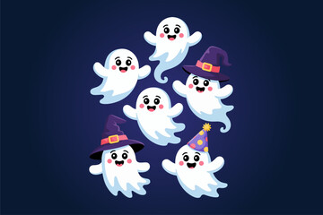 Smiling ghost circle, five friends holding hands, navy background, cute Halloween vector, cartoon clipart, friendly spooky design
