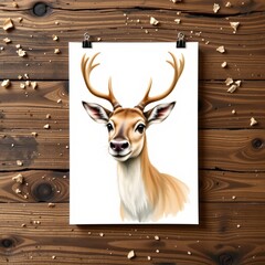 a curious caribou playing peekaboo, drawn in a playful watercolor splash style on a clean white backdrop.
