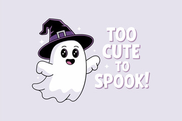 Too cute to spook phrase, cute ghost, soft beige background, friendly Halloween text vector