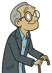An elderly man. He has gray hair and is wearing large, round glasses. He's smiling and looking off to the side. He is wearing a dark jacket over a light blue collared shirt and is holding a cane.