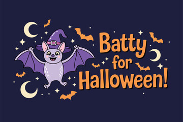 Batty for Halloween vector, flying bat with hat, crescent moon, playful night scene