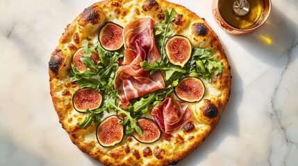 Gourmet artisanal pizza featuring sliced figs, prosciutto, and arugula greens photographed from above on white marble background