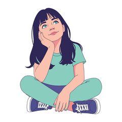 Daydreaming Girl: A young girl, lost in a world of her own thoughts, is portrayed in a whimsical illustration, showcasing a sense of childhood imagination and wonder. 