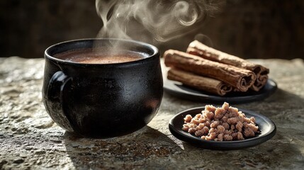 Hot cinnamon atole served in dark pottery vessel with aromatic steam, accompanied by cinnamon bark and raw sugar crystals