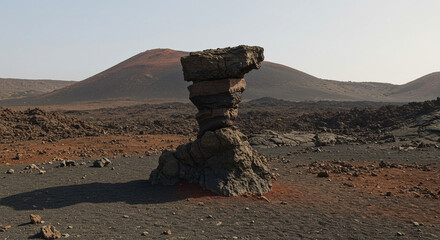 An unusual rock formation stands tall in a vast, arid expanse under a bright, clear sky, with rolling hills in the background, creating a scenic view.