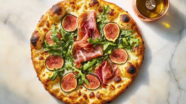 Gourmet artisanal pizza featuring sliced figs, prosciutto, and arugula greens photographed from above on white marble background
