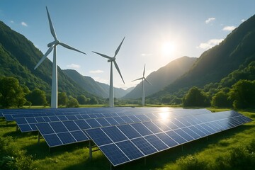 Solar panels and wind turbines generating clean energy in a beautiful valley.