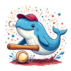 a radiant cosmic whale playing baseball, in a cheerful kids illustration style with splashy colors on white background.