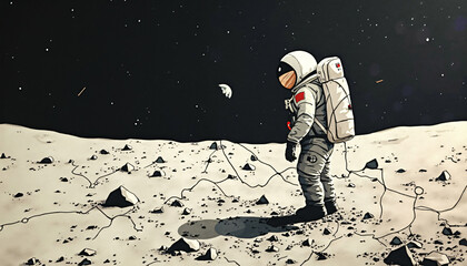 Astronaut on Lunar Surface Cartoon Illustration