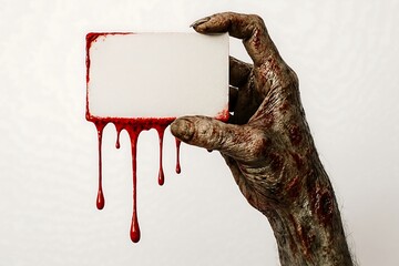 Creepy zombie hand presenting a blank sign dripping with blood on a white background.